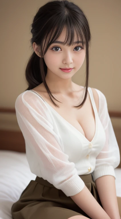 Smile、natta、Raw photography、(((Ultimate Beauty Portrait)))、((glistning skin))、女の子1人、15 year old beautiful girl in Prague、bright expression、((brown haired))、(cleavage of the breast)、(flered skirt:1.5)、((Big eyes that shine like jewels))、open cardigan、Open y...