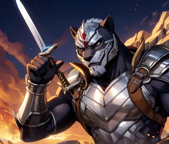 Anthro, black panther, silver knights armor, sword, big muscles, 40-years-old, male, beard, medieval fantasy.