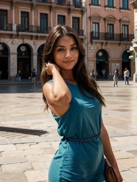  ultra-realistic image captured by a Nikon 7500 camera of a 38-year-old woman. Esta mujer tiene tez morena, Brown eyes, y pelo largo. His expression is attractive and friendly, con una sonrisa. Destacan sus generosas caderas. La escena se desarrolla en la ...