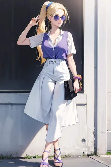 Polly has long blonde hair styled in a ponytail with a pink scrunchie, fair skin tone, and dark baby blue eyes. a blue shirt, White jeans, sunglasses and sandals with a purse, a white blouse, purple vest, black and white skirt and shoes, 