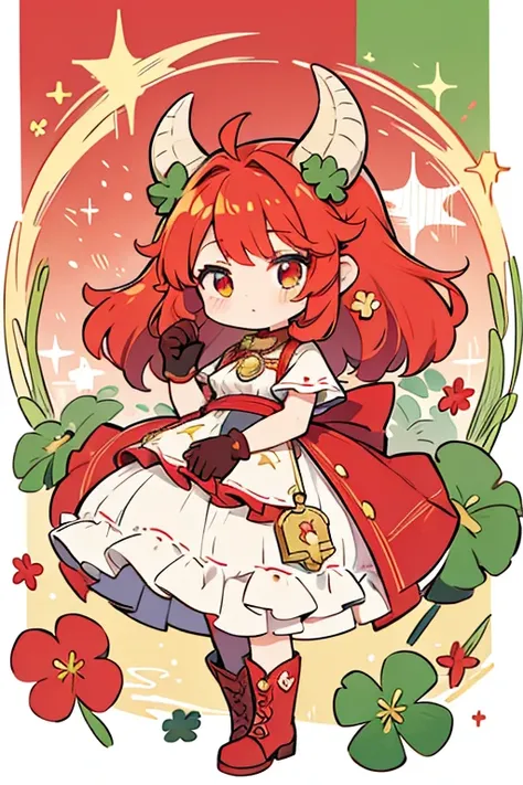 As Aries Cure Cosmo, her hair becomes puffy with a red ombre and decorated with green clovers. She also has gold ram horns on each side of her head. Her dress becomes red with a lighter shade in the middle. Her skirt opens a little in the front with a shor...