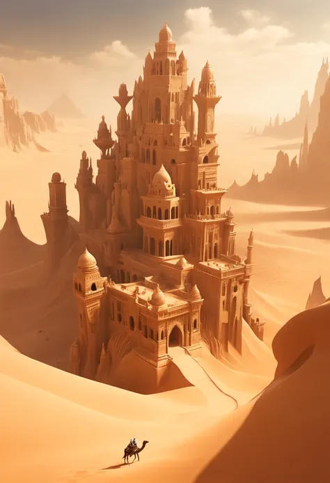 Desert Canyon, mirage of sand palace in the sky, delusion, Fantasy, enhance, intricate, (best quality, masterpiece, Representative work, official art, Professional, unity 8k wallpaper:1.3)