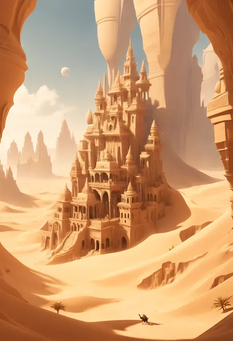 Desert Canyon, mirage of sand palace in the sky, delusion, Fantasy, enhance, intricate, (best quality, masterpiece, Representative work, official art, Professional, unity 8k wallpaper:1.3)