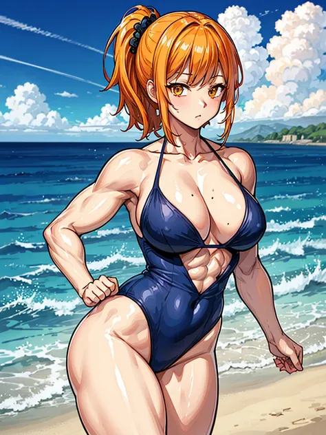 （（（masterpiece、Highest image quality、highest quality、highly detailed unity 8ｋwallpaper）））、（（Illustration of one girl））、（（（beautiful girl）））、（（orange hair、side ponytail、orange eyes））、（stocky build, thickset physique, muscular legs, broad shoulders, solid ch...