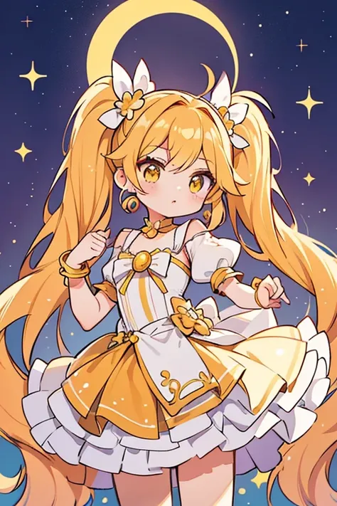 As Libra Cure Soleil, her dress is longer and wider and turns mainly bright yellow with the purple ruffle growing longer. Her blonde hair now has an orange ombre with part of it styled in hight twin-tails held by several bands of pearls with gold crescent ...