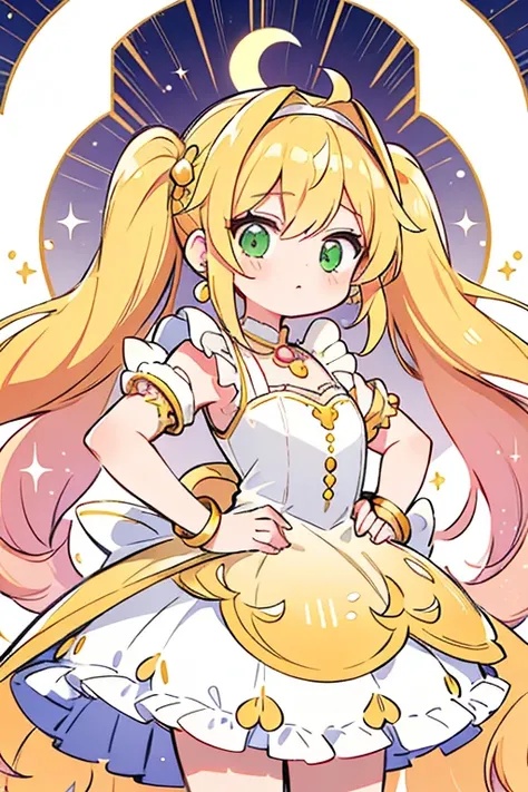 As Libra Cure Soleil, her dress is longer and wider and turns mainly bright yellow with the purple ruffle growing longer. Her blonde hair now has an orange ombre with part of it styled in hight twin-tails held by several bands of pearls with gold crescent ...