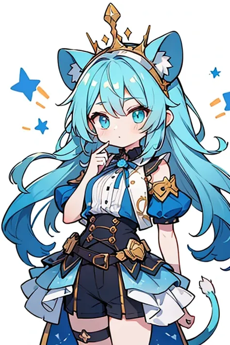 As Leo Cure Milky, her hair becomes wilder with a blue ombre at the bottom. The star on her headband turns blue insde with a crown at the top. The stars at the ends of her antennae are also blue. The turquoise parts of her outfit turn blue with her shorts ...