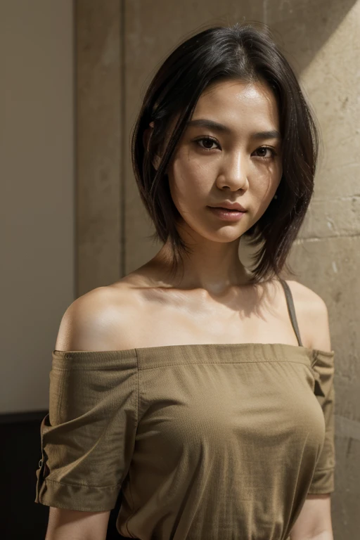 8k realistic and highly detailed portrait, daylight without shadows, 27 year old Asian woman, detailed face, slim, small breasts, black hair, loose hair, short shoulder length hair, modern haircut wearing modern khaki blouse . background apartment wall