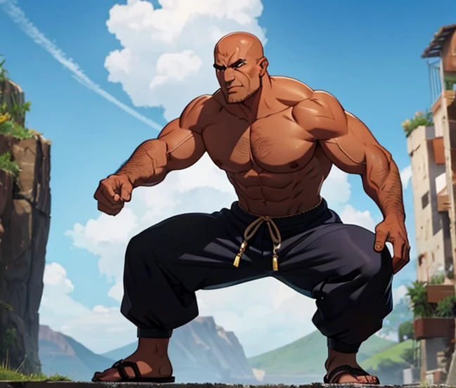 Male, shaven head, tanned man, big muscles, fighter, evil, shirtless, baggy pants, sandals.