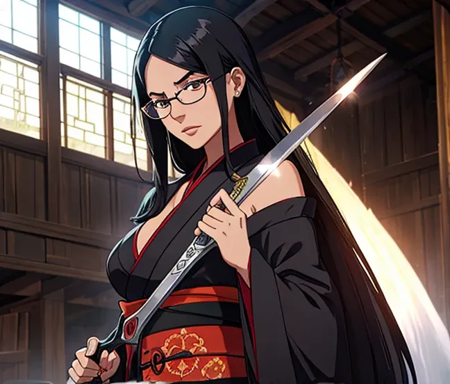 Female, long black hair, glasses, kimono, wields a giant pair of scissors, medieval fantasy, evil.