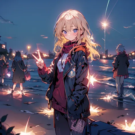 blonde beautiful girl　blush　　festival　fantasy　cute　　night　firework　starry sky　beautiful girl looking at the sky