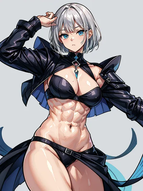 （（（masterpiece、Highest image quality、highest quality、highly detailed unity 8ｋwallpaper）））、（（Illustration of one girl））、（（（beautiful girl、Brave）））、（（white hair、very short hair、light blue eyes））、（stocky build, thickset physique, muscular legs, broad shoulder...