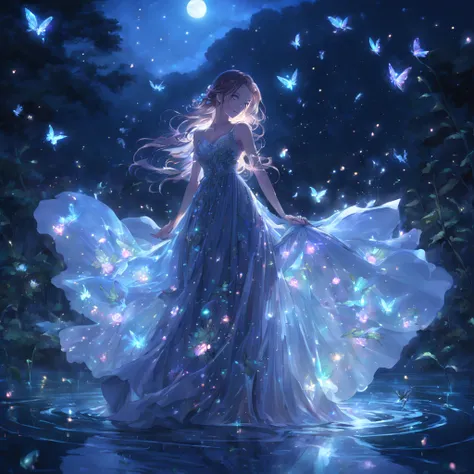 1girl in, Colorful,side shot,low head,shy smile,full body, high-definition picture, femele, Her dress was decorated with glowing roses and fireflies, Seductive and glowing eyes. Wearing a moonlight gown, She is Stand in a mysterious lake. The scene, Bask i...