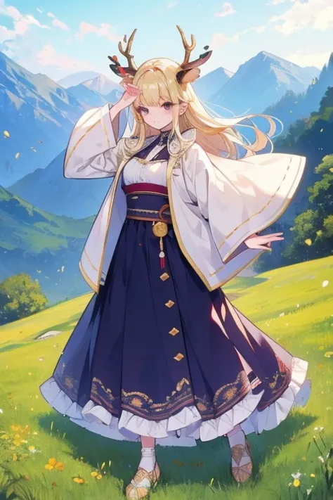 unparalleled beauty,perfect face、stream、grassland、A smile illuminated by the morning sun、beautiful mountain scenery、,perfect eyes、old-fashioned costume、retro style、Deer antlers grow from the head、、golden eyes、blonde、shy smile、、luxury brand clothes、outerwea...