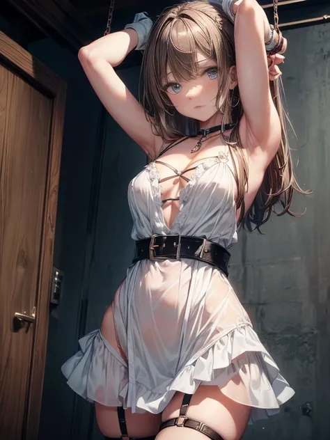 (masterpiece)), ((best quality)), (ultra-detailed), NSFW, ((torture chamber)),a cute girl, 1girl, solo, (white mini tanktop dress),(chain bound arms), (both hands are bound and is hung from the ceiling),bdsm,shibari,restrained,((thin waist)),(((single belt...