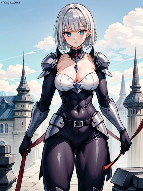 （（（masterpiece、Highest image quality、highest quality、highly detailed unity 8ｋwallpaper）））、（（Illustration of one girl））、（（（beautiful girl、Brave）））、（（white hair、very short hair、light blue eyes、Collar with a leash））、（stocky build, thickset physique, muscular ...