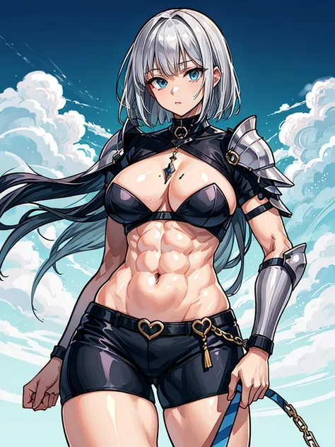 （（（masterpiece、Highest image quality、highest quality、highly detailed unity 8ｋwallpaper）））、（（Illustration of one girl））、（（（beautiful girl、Brave）））、（（white hair、very short hair、light blue eyes、Collar with a leash））、（stocky build, thickset physique, muscular ...