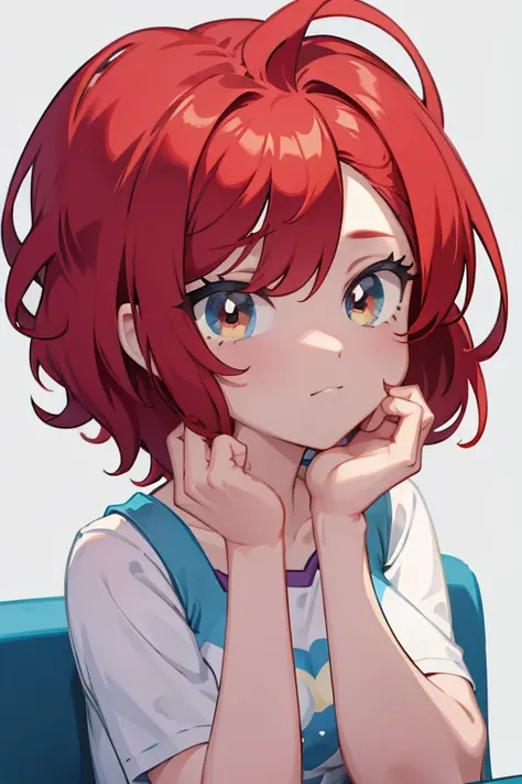 A red-haired girl with short hair and pinched eyes