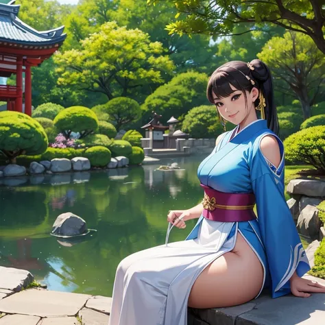 The smiling CHUNLI in the japanese garden, blue,