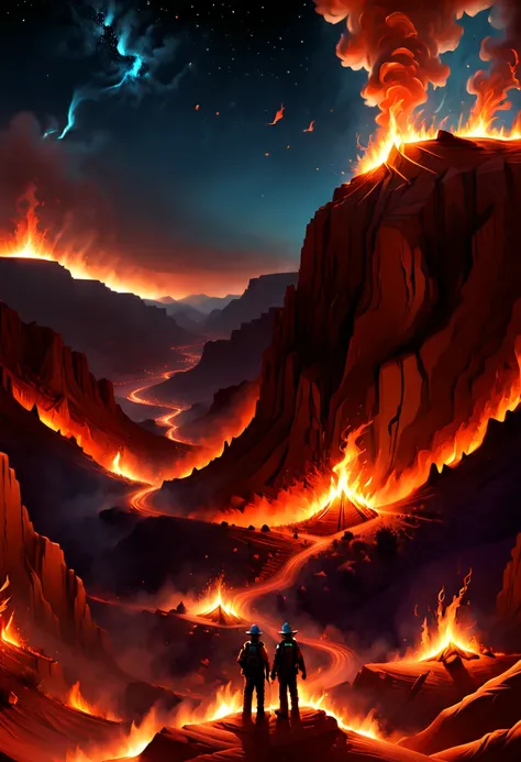 Desert Canyon, fire, people, night, sky, enhance, intricate, (best quality, masterpiece, Representative work, official art, Professional, unity 8k wallpaper:1.3)