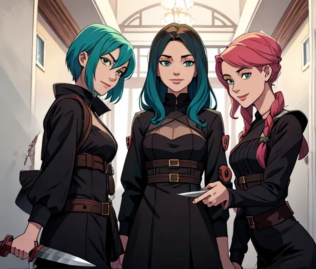 Trio of female sisters, different hairstyles and different hair colors, creepy smiles, psychotic, knives and hammers.