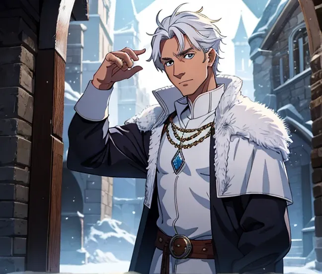 Male, 40-years-old, frosty hair, stuck-up, fancy white clothes, ice magic, medieval fantasy style.