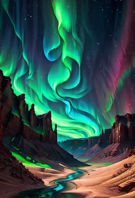 Desert Canyon, Northern Lights, night sky, enhance, intricate, (best quality, masterpiece, Representative work, official art, Professional, unity 8k wallpaper:1.3)