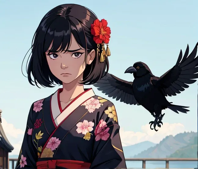 Female, short black hair, crows, sadden facial expression, kimono.