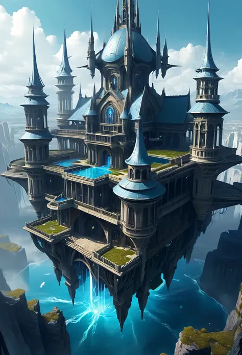 Top angle of view，Look down from above，isometric art，Huge high-tech floating medieval ancient palace，Futuristic alien warrior futuristic floating medieval ancient palace and futuristic futuristic floating medieval ancient palace background, Inspired by Mar...