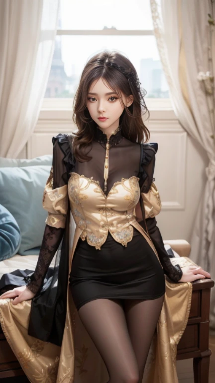 A girl with (mini dress ruffle) , (yellow & black color) (Hyperrealistic), (illustration), (high resolution), (8K), (Extremely detailed), (Beautiful detailed eyeest quality), (Ultra-detailed), (Masterpiece), (the wallpaper), (Photorealistic), (Natural ligh...