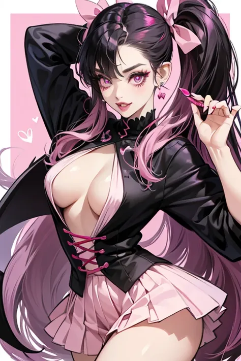 Draculaura has pale pink skin, pale purple eyes, and long black hair with pink streaks. Her hair would be seen a lot in pigtails, but she can wear it in a single ponytail, a beehive, or even hanging loose. Many of her physical features nod to her vampire h...