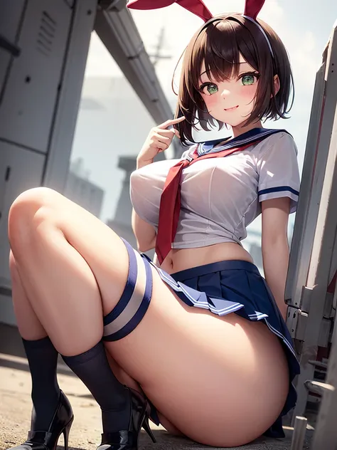 soft lighting, atmospheric, 1girl, solo,charming smile,lime green eyes,red cheeks,wide hips,thick thighs,legwear,thigh highs,puffy nipple,erect gigatic breasts:1.5), bent bunny ears,black bunny ears, (subsurface scattering)+, short hair,(((white sailor))),...