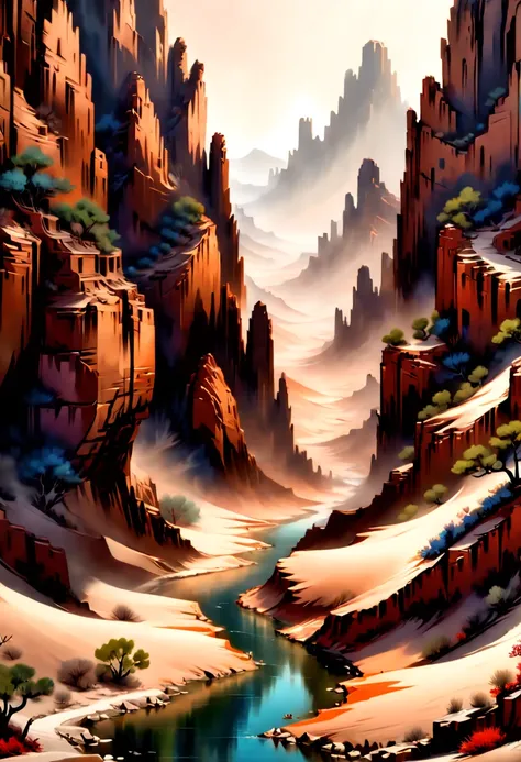 Desert Canyon, chinese color, water ink, enhance, intricate, (best quality, masterpiece, Representative work, official art, Professional, unity 8k wallpaper:1.3)