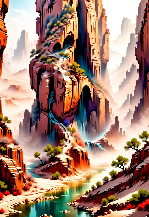 Desert Canyon, chinese color, water ink, enhance, intricate, (best quality, masterpiece, Representative work, official art, Professional, unity 8k wallpaper:1.3)