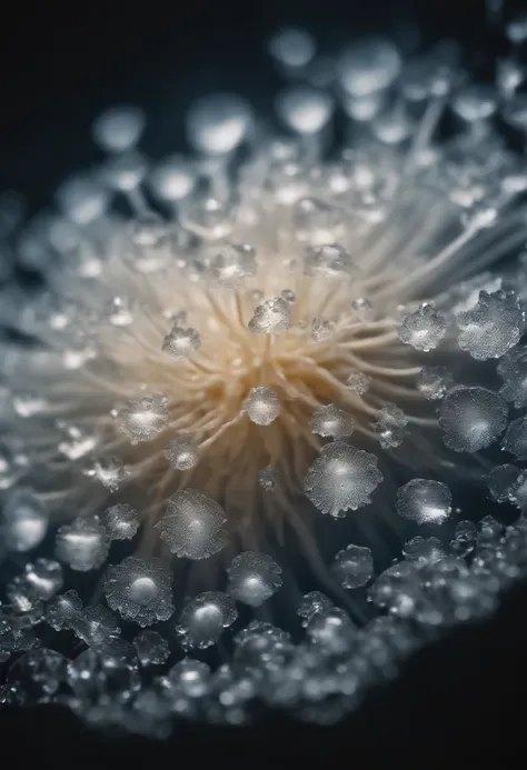 a detailed macro shot of a section of a cumulus nimbus cloud, zooming in on the individual water droplets or ice crystals within, showcasing their delicate and intricate nature