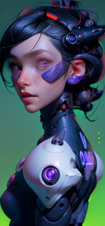 (masterpiece, best quality), robot girl, cyberpunk, ROBOT FACE, upper body, fullbody, makeup, hair ornament, black hair, front view,  looking at the front, robot body parts, cyborg, sharp, rusty, purple eyes, Ghost in the shell VIBE, FRANK CHO ART, 3d rend...