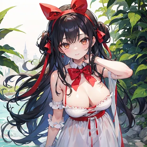 nsfw, masterpiece, best quality,1girl, solo,red bow, bow, long hair, hair bow, solo, hairband, black hair, bangs, red hairband, breasts, brown eyes, masterpiece, light smile, (illustration: 1.5), naked