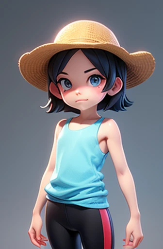 10 year old 2d female character with semi short hair, black sleeveless t-shirt and lycra pants 