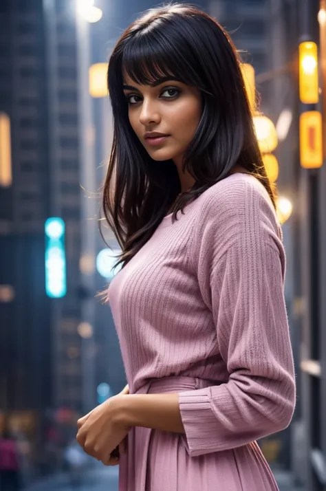 Portrait of North Indian most beautiful and attractive Punjabi woman in her 20s as a beautiful female model in [[dense fog]], Georgia Fowler, flirty gaze, beautiful face, [[Lob with Face-Framing Bangs]], in cyberpunk city at night. She is wearing a pale pi...