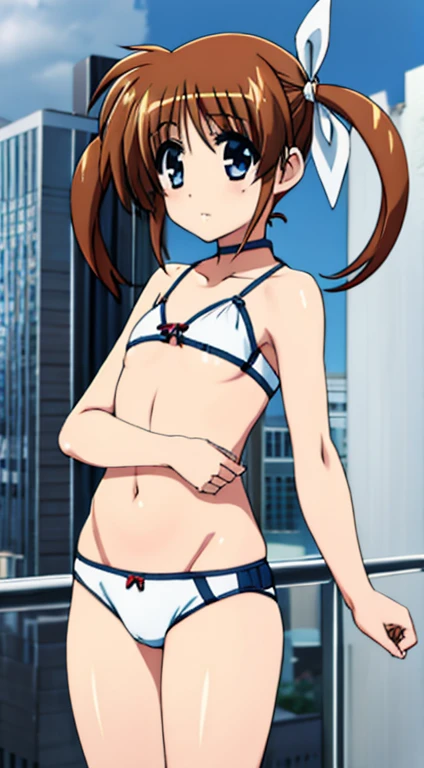 takamachi nanoha, 1 girl, twin tails, white ribbon, 
close, view viewer,expose underwear、Seduce,Outdoors exposing breasts, cityscape,flatter，tiny bikini,flat nipples
