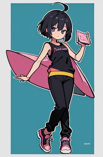 2d female character 10 years old full body with black semi short hair, pink sleeveless t-shirt and black lycra pants 