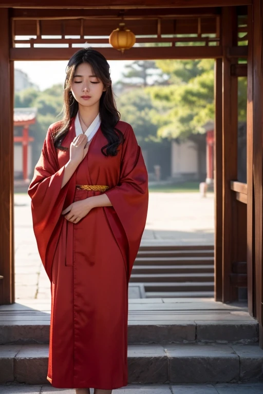 An Oriental girl around 25 years old，dress appropriately。Stand in front of the temple，Wearing a light red robe，without hat，Wearing red and green agate around the neck，Wearing a faint smile on the face，Pray with eyes closed sincerely