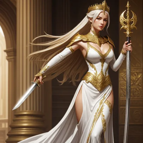 a woman in a white dress holding a sword, fantasy art, elegant gold body, very detailed and rich clothing, portrait of a Goddess