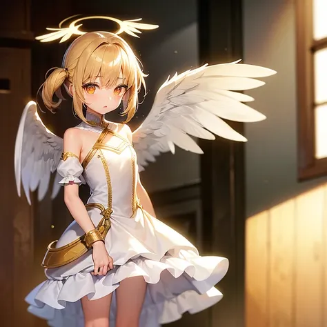 14 year old girl. Petite. Angel. Blonde. No halo. White feathery wings. White arm sleeves. Orange eyes. White dress with gold.