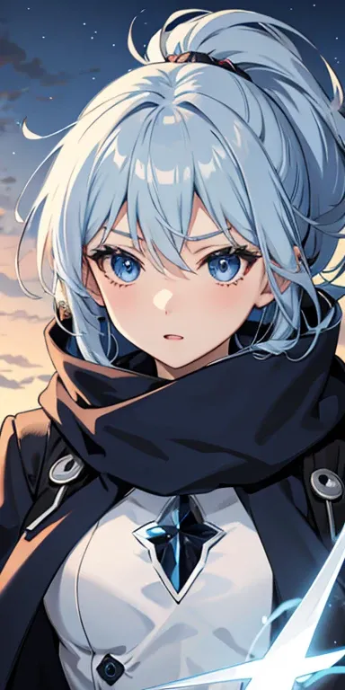 anime girl, blue eyes, psycho expression, very short sky blue hair, pointy ponytail, modern mage attire, grey scarf, winter magic, ice witch magic