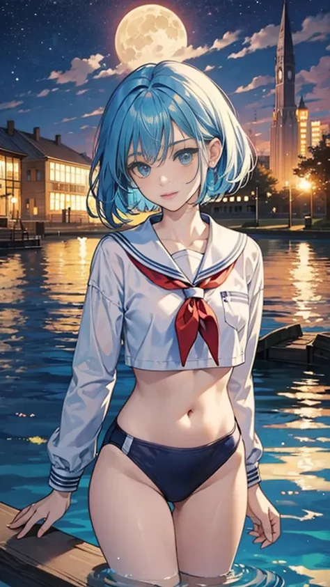 best image quality、highest quality、8K、upper body、school uniform、thighs、long sleeve、light blue hair、bob hair、blue eyes、swimsuit、I can see your belly button、I can see your stomach、lake at night、fantastic moon