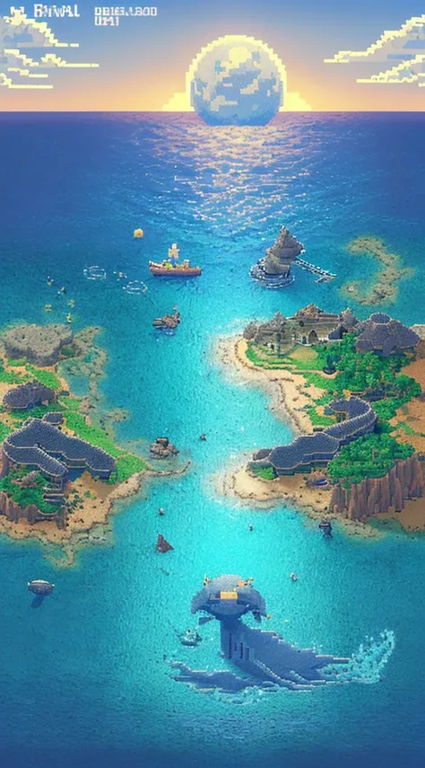 Pixel art of giant moon rising on calm sea, beautiful detailed pixel art, detailed pixel art, Lofidel retro video game, concept pixelart, detailed pixel artwork, Pixel art style, pixel town, pixel art animation, high quality pixel art, Dolphins jump out of...