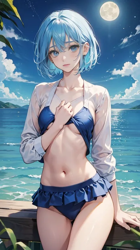 best image quality、highest quality、8K、upper body、school uniform、thighs、long sleeve、light blue hair、bob hair、blue eyes、swimsuit、I can see your belly button、I can see your stomach、lake at night、fantastic moon、clavicle、chest