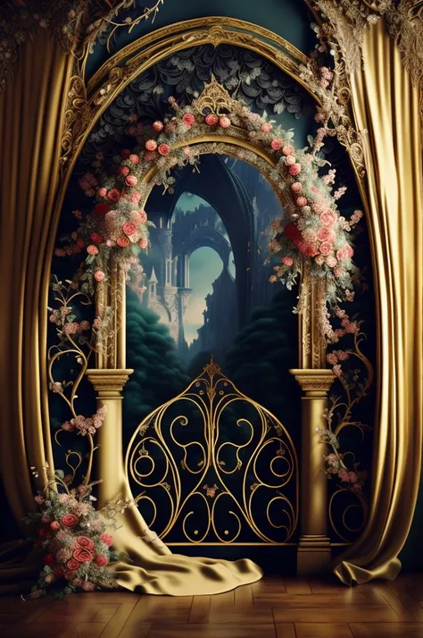 there is a arch with flowers and a veil on it, stunning arcanum backdrop, baroque style painting backdrop, ornate backdrop, ornate and intricate backdrop, beautiful render of a fairytale, fairy tale style background, dreamy and detailed, baroque digital pa...