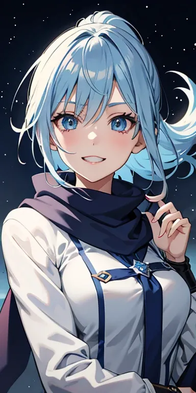 anime girl, blue eyes, psycho crazy smile, very short sky blue hair, pointy ponytail, modern mage attire, grey scarf, winter magic, ice witch magic, yandere, blood